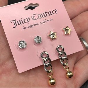 NWT Juicy Couture Earrings, 3-Pack Crystal & Initial Studs and Chain Drops